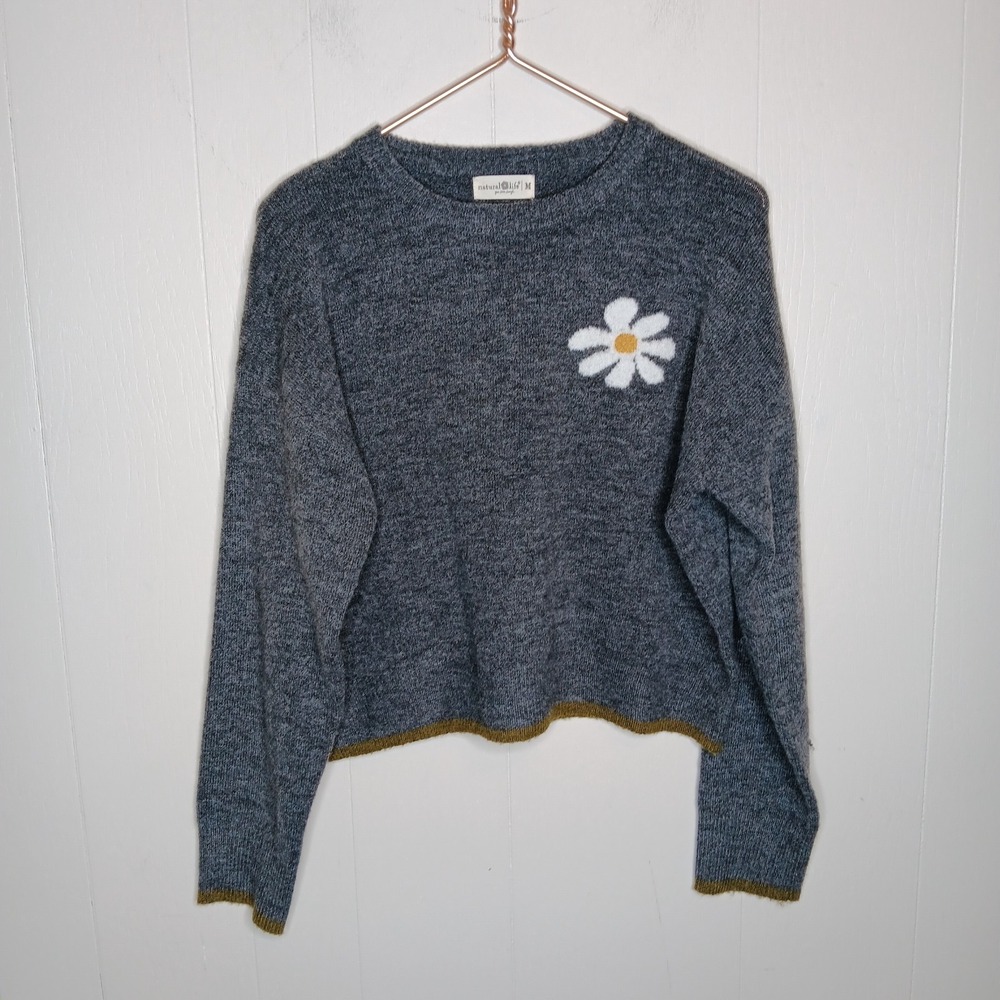 Natural Life Intarsia Icon Sweater M Charcoal Daisy Boxy Pullover Crew Neck Cozy - Picture 4 of 10